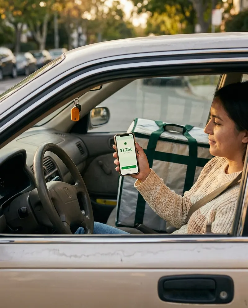 A gig driver in the front seat of a car checking the next delivery on a phone