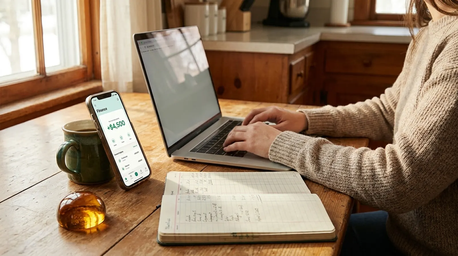 A freelancer sorting invoices and receipts beside a laptop at a kitchen table
